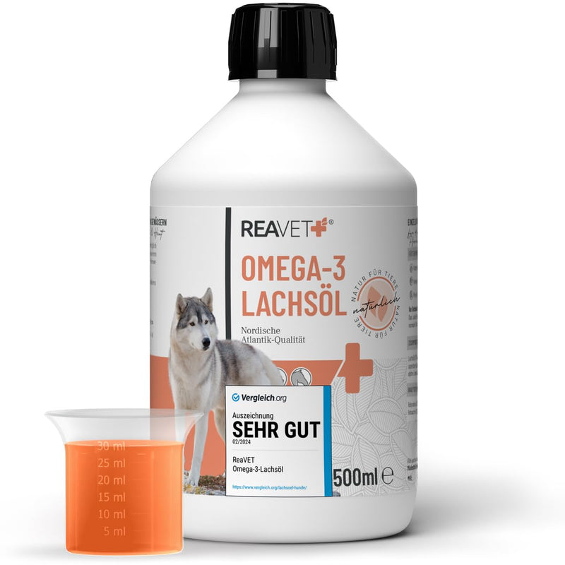 ReaVET TEST VERDICT VERY GOOD 02/24 Salmon oil for dogs, cats 500ml - Rich in Omega 3 & 6, fish oil for dogs in high doses I Real food quality without additives I Freshly bottled in Germany 500 ml - BeesActive Australia