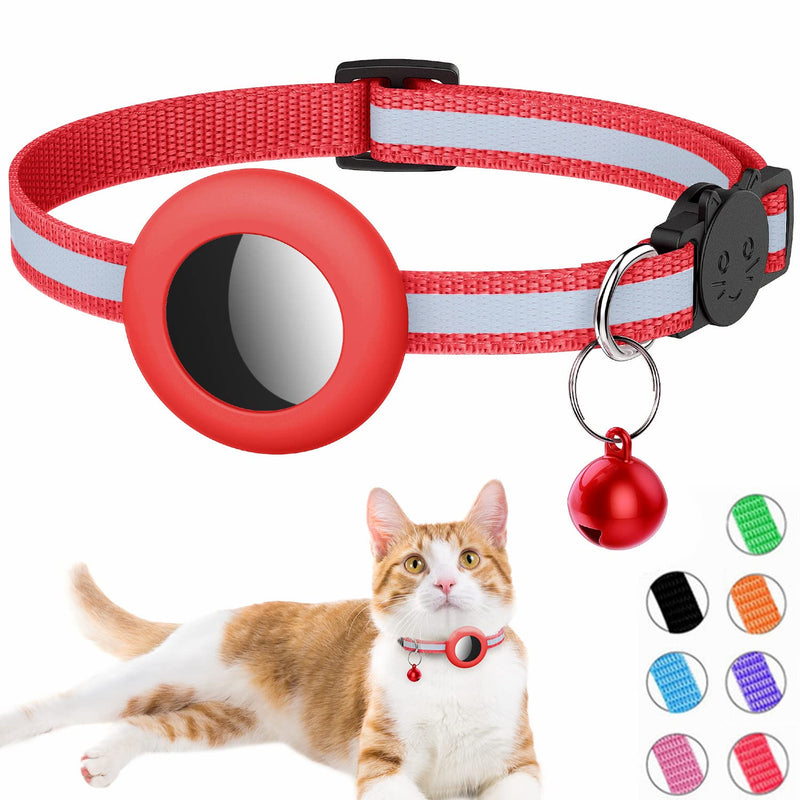 Airtag cat collar, reflective airtag cat collar with bell and airtag holder compatible with Apple Airtag, beautiful cat collar with breakable safety buckle for kittens puppies red 2 piece set - BeesActive Australia