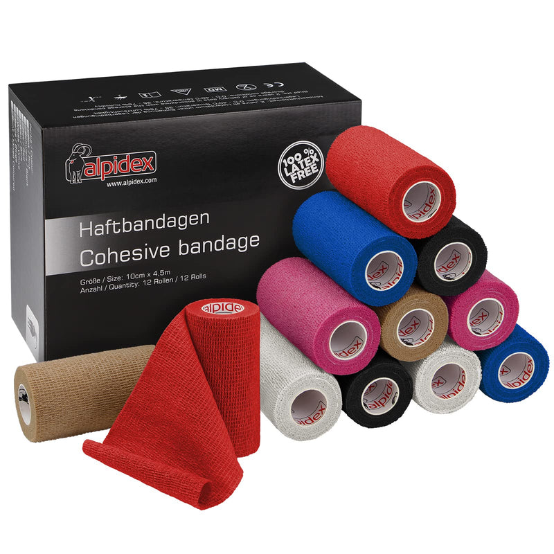 ALPIDEX 12 rolls of adhesive bandage 10 cm x 4.5 m self-adhesive bandage pet bandages fixation tape sports vet wrap tape self-adhesive, colour: colorful - BeesActive Australia