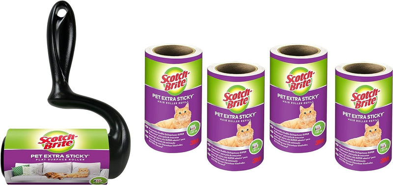 Scotch-Brite Pet Extra Sticky Roller for Pet Hair 48 Sheets + 4 Scotch-Brite Pet Extra Sticky Replacement Roller for Pet Hair 48 Sheets Large Area Roller Set - BeesActive Australia