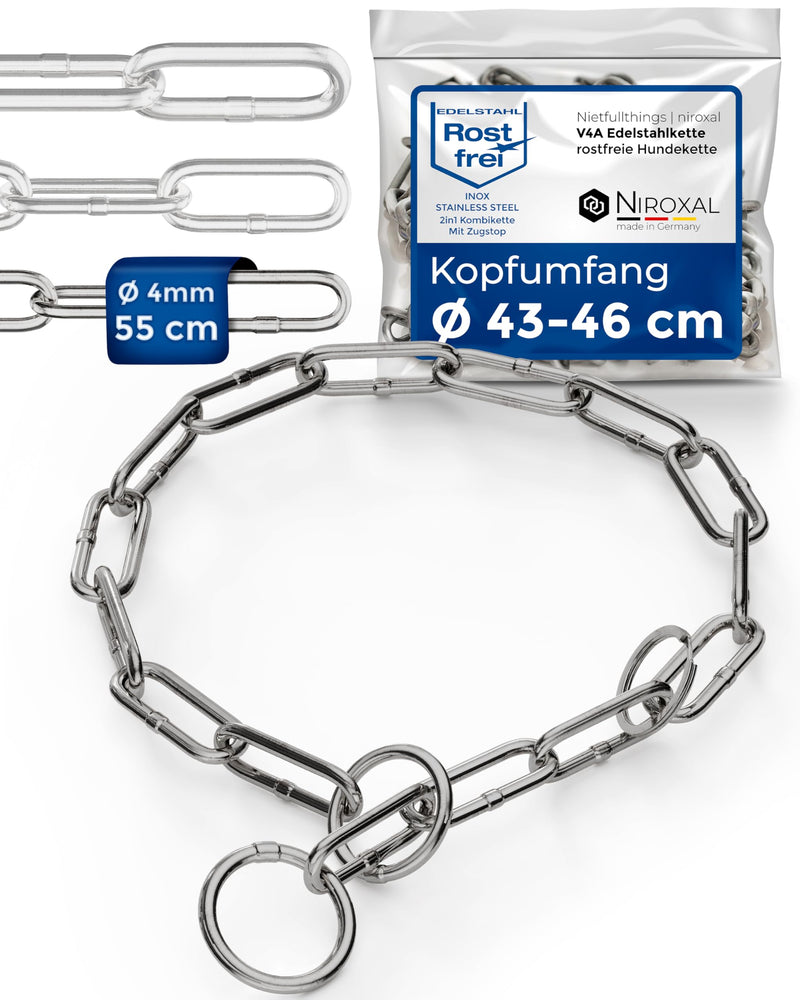 Chain choker for dogs with head circumference 43-46 cm made of V4A stainless steel dog chain with pull stop chain collar long links 4mm thick and 55 cm total length Total length: 55 cm Thickness: 4 mm - BeesActive Australia