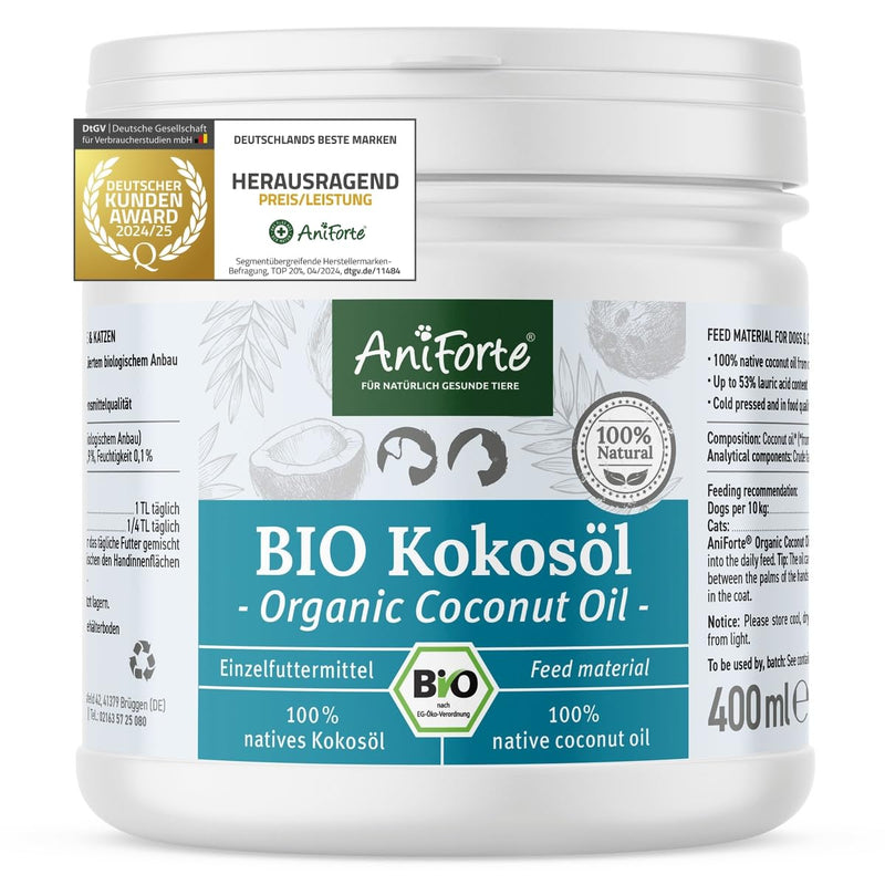 AniForte Organic Coconut Oil for Dogs & Cats 400 ml Food Grade - First Cold Press, Native, Unrefined, High Lauric Acid Content, Care for Fur, Paws & Skin, Organic Cultivation, Barf Additive - BeesActive Australia