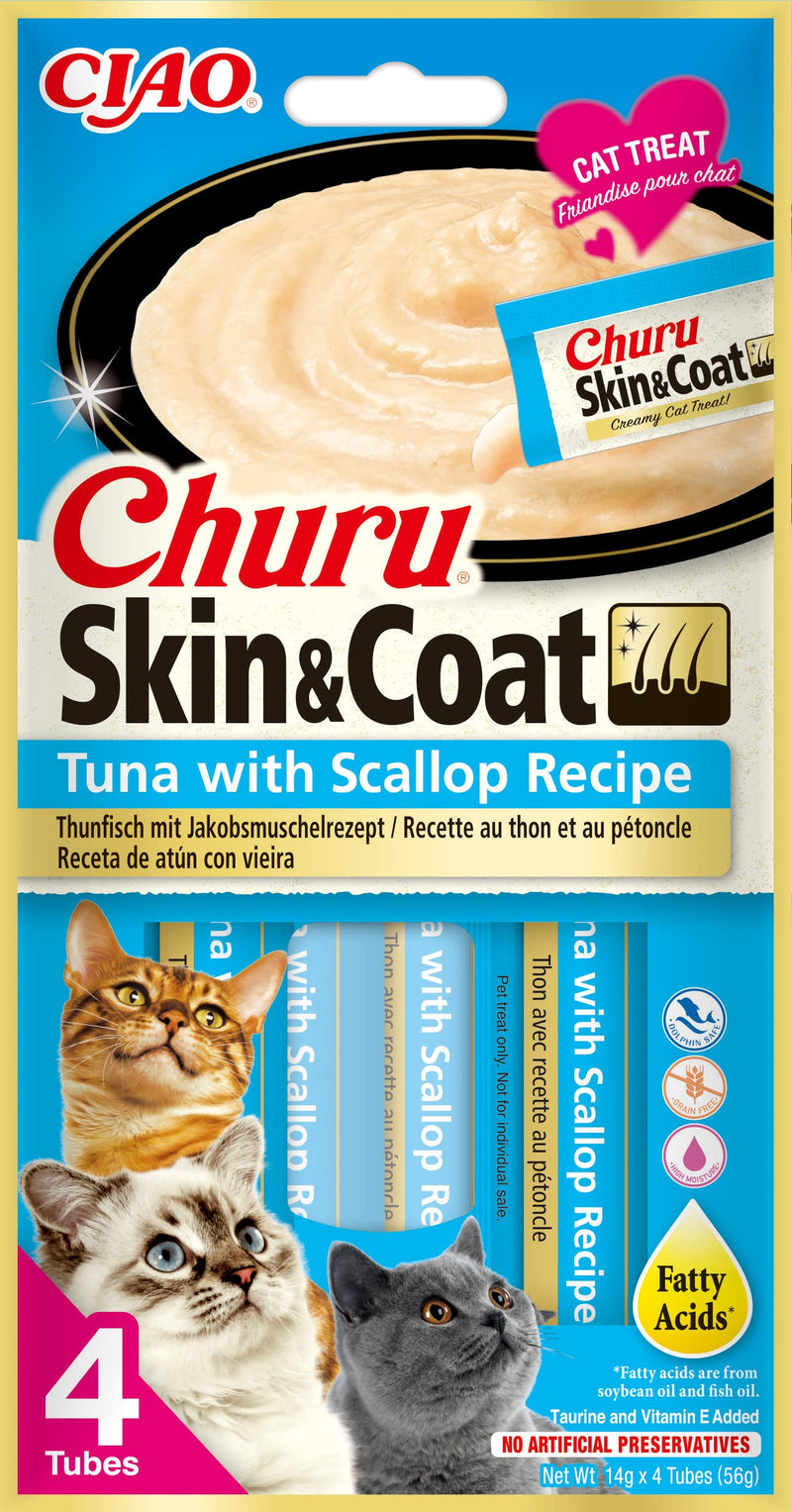 INABA Churu Skin & Coat - Pureed cat treats with tuna and scallop - Omega 3 & 6 and taurine - Feline snacks, creamy texture - Food for cats, skin & fur - 48 tubes x 14g Tuna & scallop 56 g (pack of 12) - BeesActive Australia