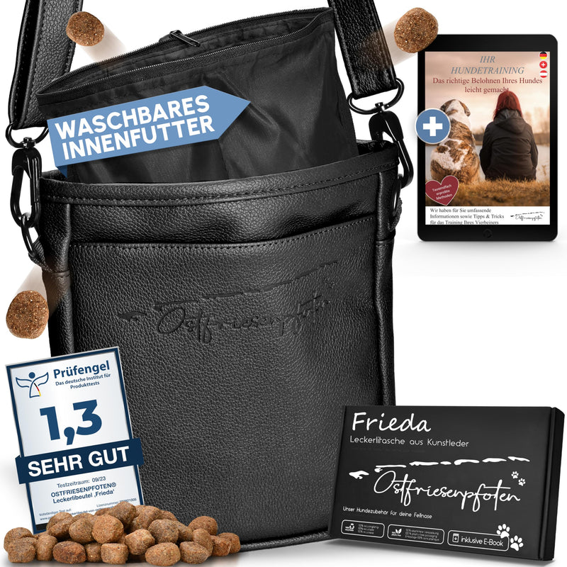 Ostfriesenpfoten® treat bag 'Frieda' for dogs made of high-quality faux leather - black size L - food bag with EasyOpen one-hand magnetic closure - dog treat bag - BeesActive Australia