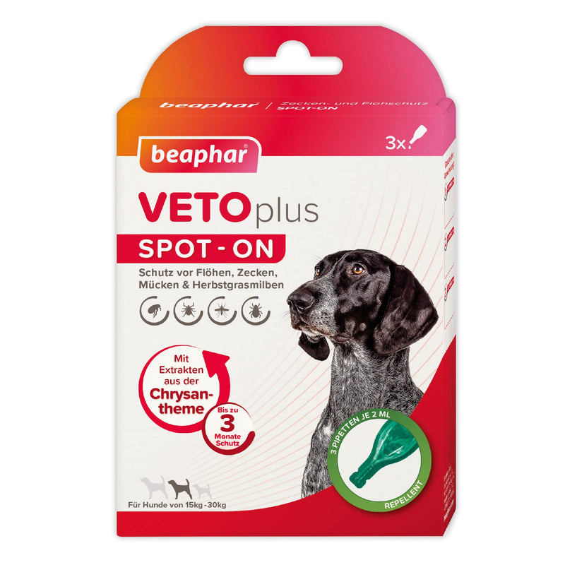 BEAPHAR - VETOplus Spot-ON for dogs between 15-30kg - Repellent against fleas, ticks, mosquitoes and autumn grass mites - Immediate effect - Protects up to 12 weeks - 3 pipettes 2ml each for medium-sized dogs - BeesActive Australia
