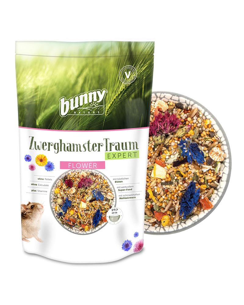 bunnyNature Dwarf Hamster Dream Expert Flower - complete food for dwarf hamsters - food mix with vitamins, flowers, superfood & mealworms - 500g - BeesActive Australia