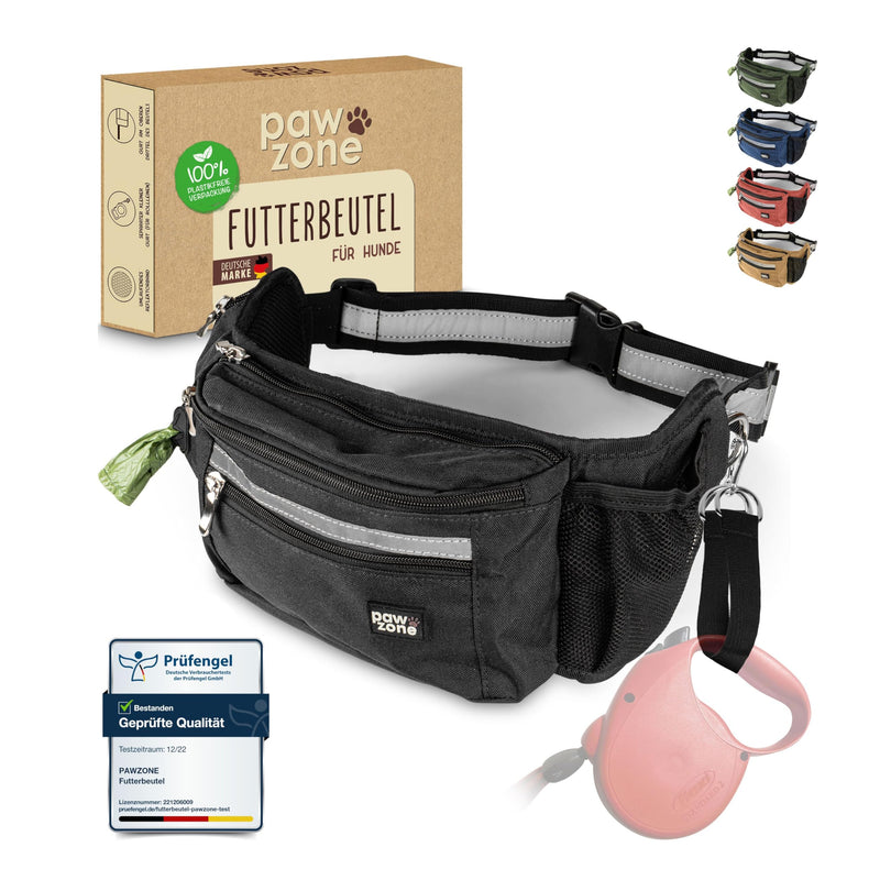 PAWZONE Dog Food Bag - Treat Bag for Dogs - Belly Bag for Dog Accessories - Treat Bag for Dogs - Includes Reflective Tape & Additional Strap for Flexi Leash (Black) Black - BeesActive Australia