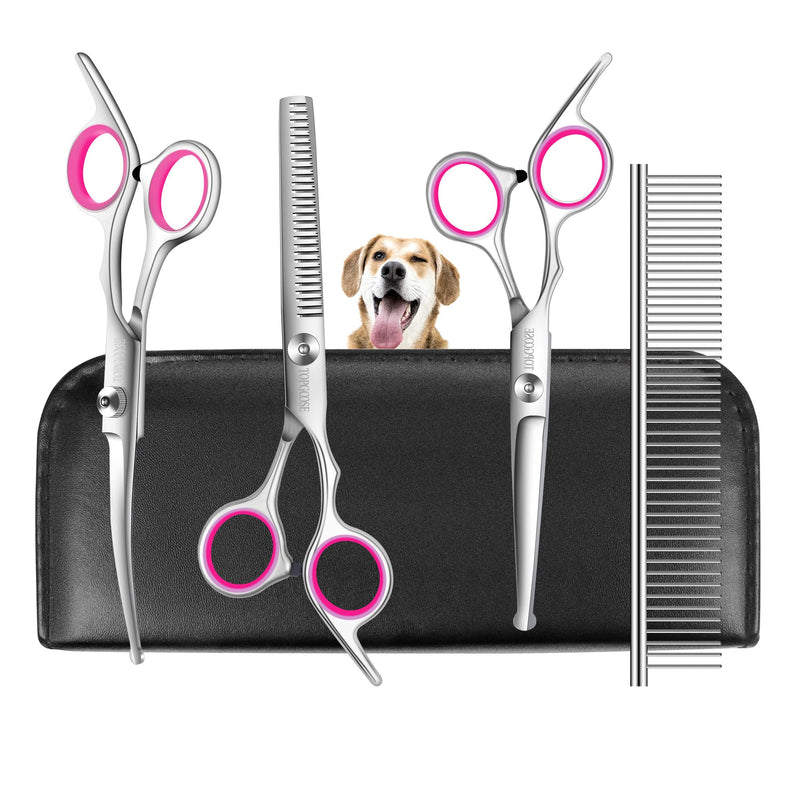 TOPGOOSE Dog Grooming Scissors Set, Safety Round Tip Grooming Tools 6 Piece Kit for Pets Dogs Cats Full Body - Professional Curved Thinning Straight Scissors Comb (Pink) Pink - BeesActive Australia