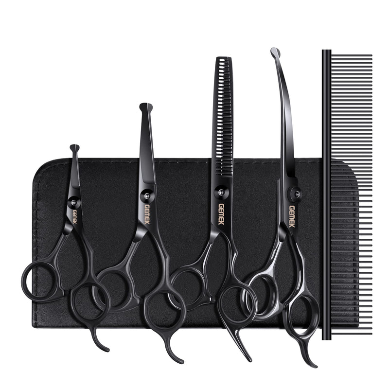 Dog Grooming Scissors Set with Round Safety Tips, GEMEK Professional 6 in 1 Dog Grooming Scissors, Titanium Coated Heavy Duty Scissors for Dogs, Cats and Other Animals (Black) Black - BeesActive Australia