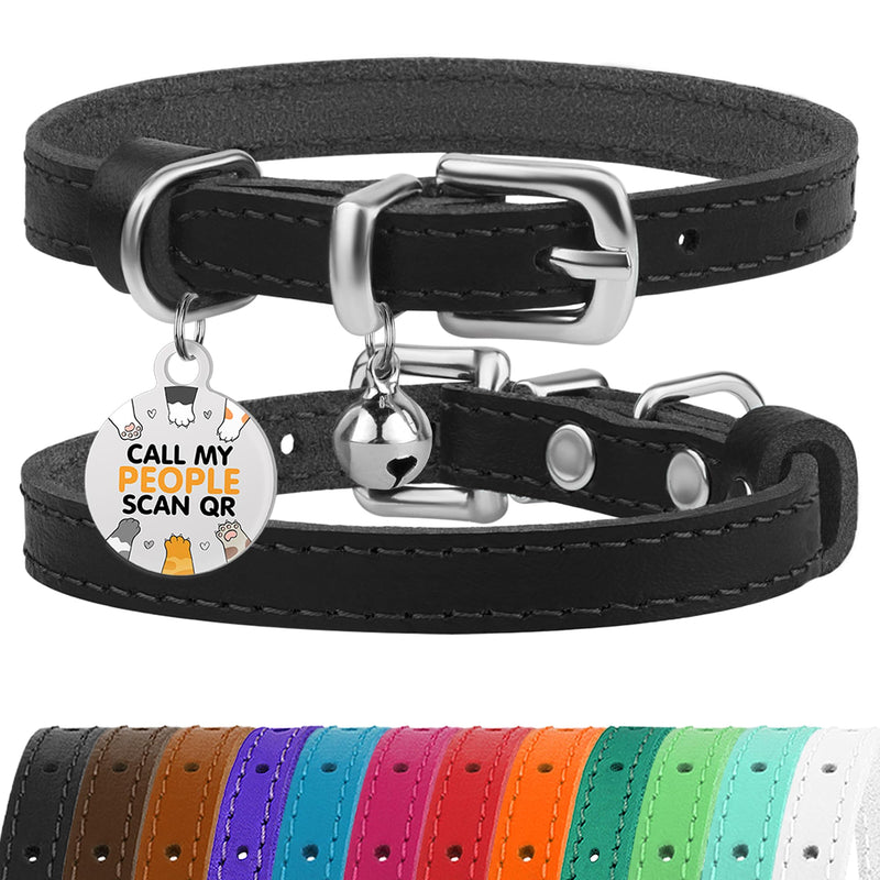BRONZEDOG Leather Cat Collar with Bell Non-Tearable QR Tag for Girls and Boys (Black and Silver, 23-28cm) Black and Silver 23-28cm - BeesActive Australia