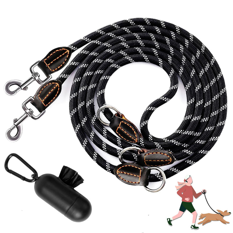 Dog leash for large and medium-sized dogs (15-60 kg), 3.4 m adjustable double leash & hands-free leash made of nylon with reflective through the waste bag dispenser, extreme strength up to 200 kg black - BeesActive Australia