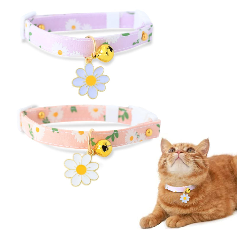 XIXKOLYU® 2 Pack Tear-Away Cotton Cat Collar with Bell, Pink and Purple Flower Pendant, Cute Cat Collar, Kitten Collar, Ideal for Cats Pink+Purple - BeesActive Australia