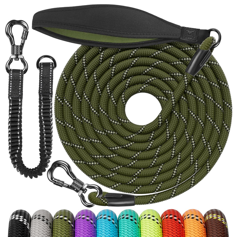 Aystkniet drag leash 10 m for dogs, dog leash with removable elastic cord Lockable hook | Padded Handle, Long Walking Lead Training Lead for Medium and Large Dogs 10M × 8MM Army Green - BeesActive Australia