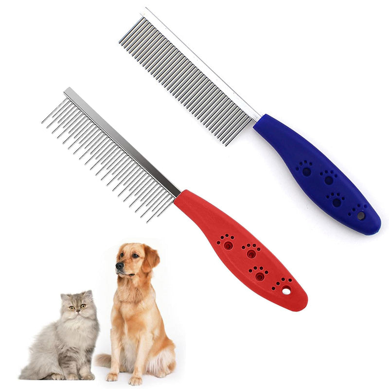Cat fur comb, dog detangling comb, dog comb, combination comb for dogs, brush against fleas undercoat, cat comb with double-sided metal rounded teeth, flea comb for cats, cat comb, 2 pieces, red + blue - BeesActive Australia