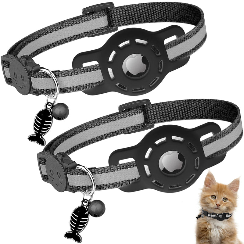 Diyife Airtag Cat Collar, [Pack of 2] Reflective GPS Lightweight Tracker Cat Collars with Airtag Case, Quick Release, Bell, 20-33 cm Adjustable for Cats Kittens, Black - BeesActive Australia