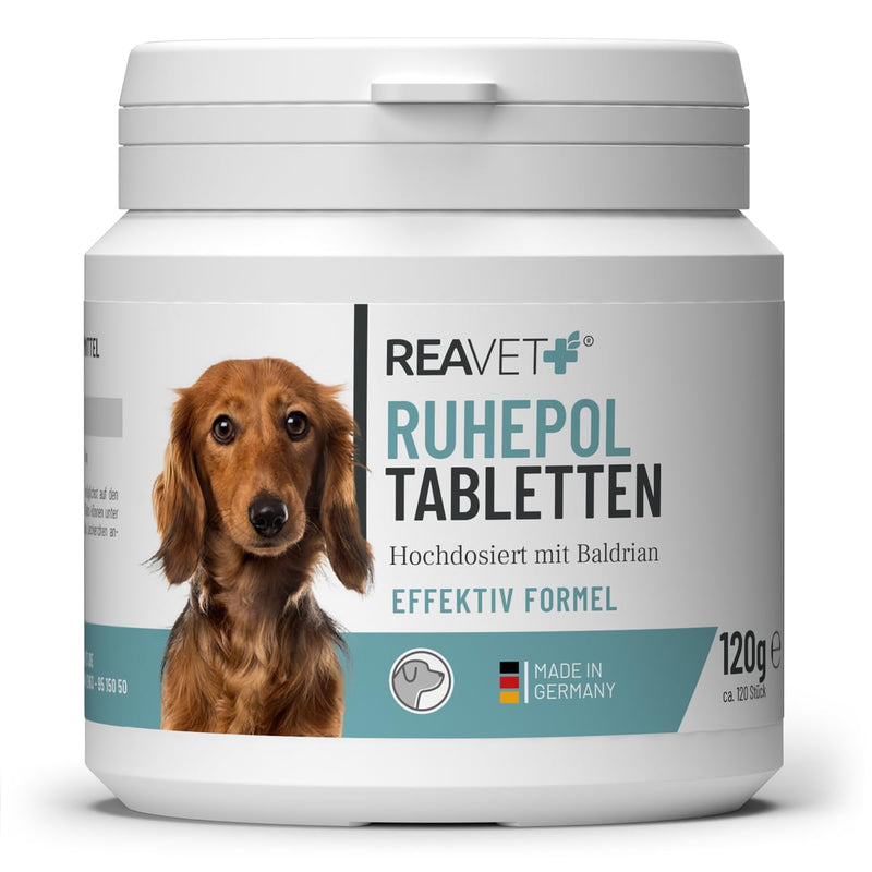 ReaVET Ruhepol tablets for dogs 120 pieces - with valerian and St. John's wort I Feel good, moving, New Year's Eve, loss with high acceptance - BeesActive Australia