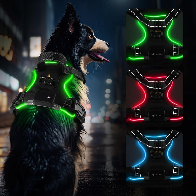 Dog Harness Luminous Rechargeable, LED Dog Harness Adjustable Reflective with Handle, Soft Padded Illuminated Chest Harness for Small, Medium Large Dogs Luminous Harness (Green L) L【Neck circumference 45-62CM Chest circumference 72-90CM】 Black-green - BeesActive Australia