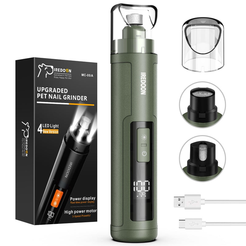 IREDOON Professional Claw Grinder for Dogs 3 Speed with 4 LED Lights - Latest Claw Grinder with Power Display for Pets, Super Quiet, Rechargeable for Large, Medium and Small Dogs Dark Green - BeesActive Australia