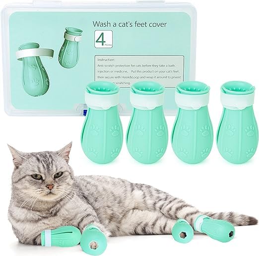 AIFUSI Anti-Scratch Boots for Cats, Cat Claw Covers 4 Pack Adjustable Silicone Cat Shoes Accessories Nail Protection Gloves Pet Supplies for Cat Grooming Bathing Shaving (Green) - BeesActive Australia
