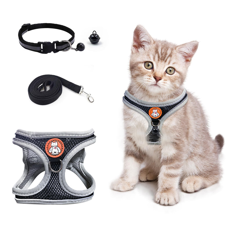 Adjustable Cat Harness Set with Leash, Soft Harness Cat Harness with Reflective Strips Leash Escape-Proof Breathable Cat Leash with Harness for Cats M & S Black - BeesActive Australia