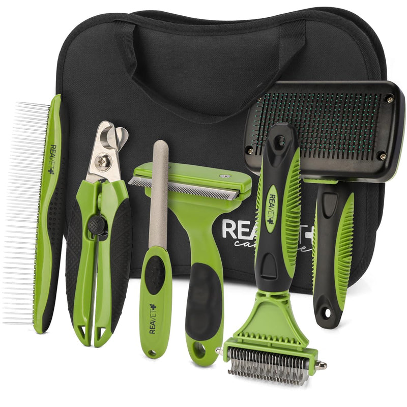 ReaVET Professional Dog Brush Grooming Set for Dogs & Cats I Grooming Set 6 Pieces I Dog Brush, De-matting Brush, Undercoat Brush, Flea Comb, Claw Scissors & Grooming Bag - BeesActive Australia