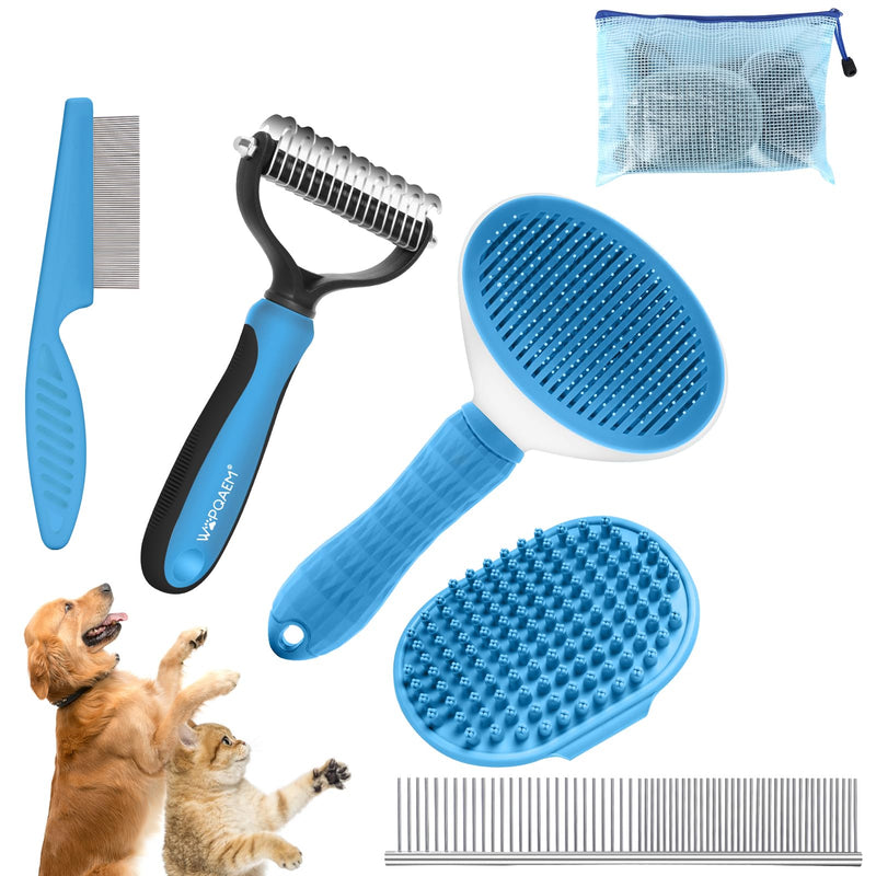 WOPQAEM 5 in 1 Dog Grooming Set - Self-Cleaning Slicker Brush for Hair Loss Short-Haired Dogs & Cats, Includes Pet Comb, Flea Comb, Bath Brush, Undercoat Rake - Complete Grooming Set - Blue - BeesActive Australia