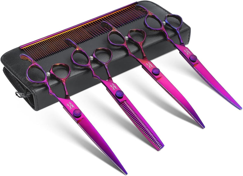 JASON Professional Dog Scissors Set - 6 in 1 Dog Scissors Set, Straight/Curved/Chunker Scissors and Comb for Dog Cat Pet with Adjustable Screw, Purple - BeesActive Australia
