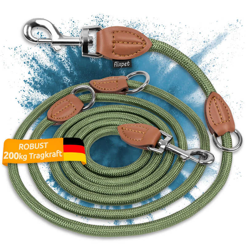 flixpet® - Dog leash 3 m adjustable for large and medium-sized dogs double leash neck leash made of paracord robust up to 200kg load capacity | 3 meters long x 11mm (Olive Green-Brown) Olive Green/Brown - BeesActive Australia