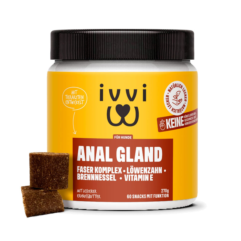 ivvi Anal Gland - snacks to support the anal glands in dogs. Contains pumpkin meat, psyllium husk, flaxseed, dandelion, nettle and prebiotics. 60 snacks (270g) with peanut butter - BeesActive Australia