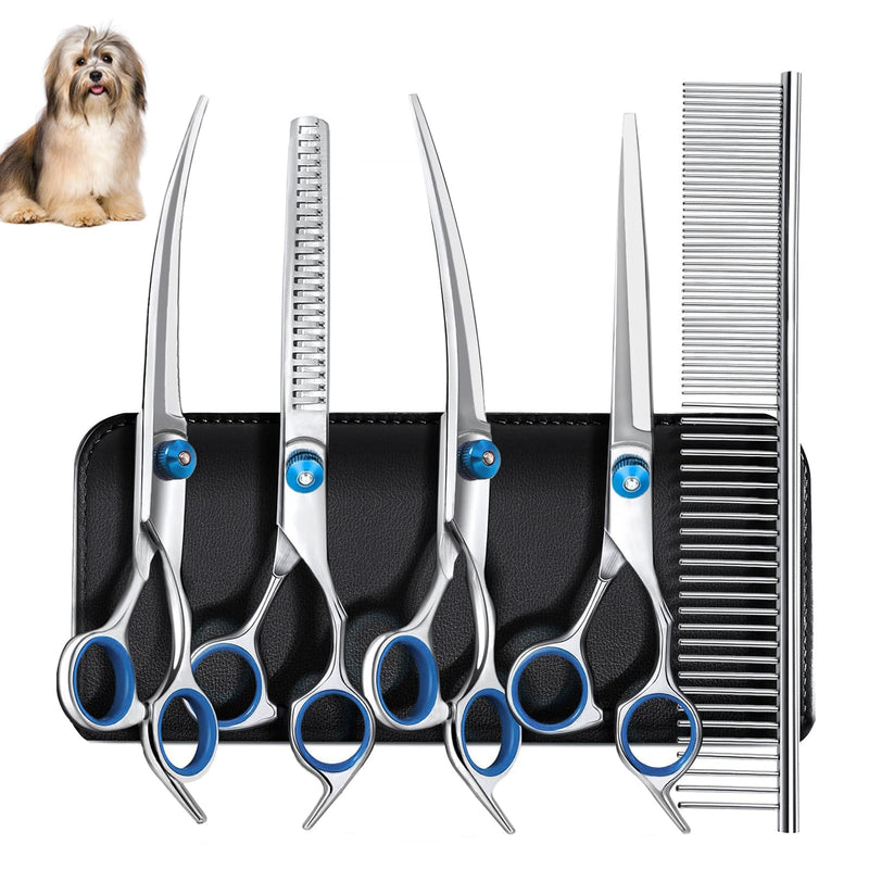 Diompirux 5-pack professional dog scissors set, including 1 thinning scissors, 2 curved scissors, 1 straight scissors, 1 grooming comb, for grooming dogs, cats, pets, for the whole body, face, nose and ears - BeesActive Australia