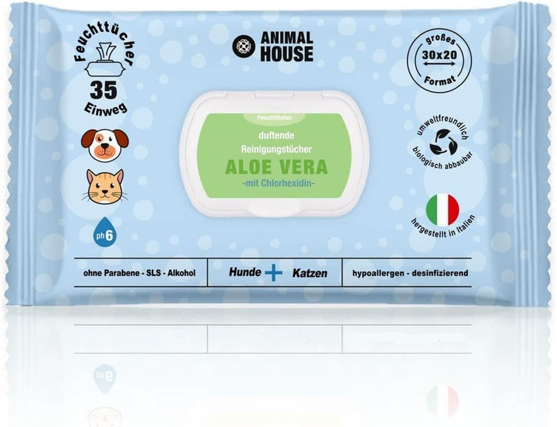Animal House Scented Wipes Pack of 35: Hypoallergenic and Biodegradable Wet Wipes for Daily Cleaning of Dogs and Cats (35, Aloe and Chlorhexidine) - BeesActive Australia