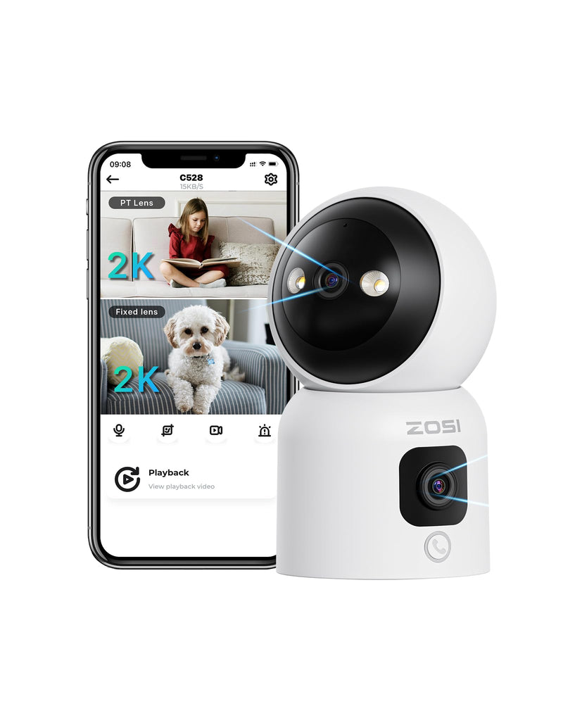 ZOSI indoor surveillance camera with dual lens 3MP+3MP, 2.4/5G WiFi, button/OK gesture call, AI person detection and tracking, color night vision, C528D white 3MP+3MP dual camera - BeesActive Australia