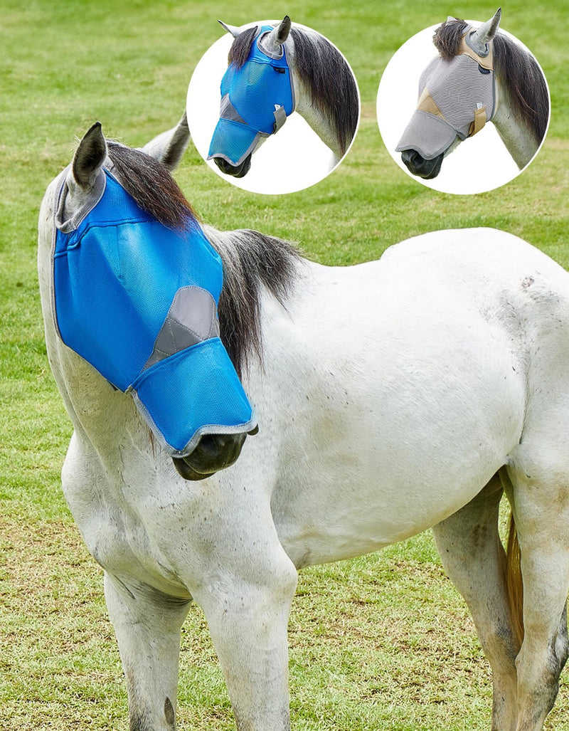 DEERFAMY Horse fly mask with nose protection, horse fly mask, breathable UV protection PVC L, blue with nose protection BL L - BeesActive Australia