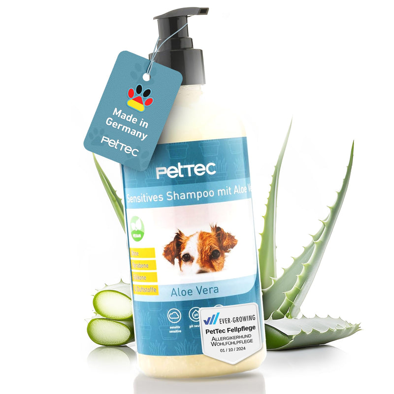 PetTec® - Dog shampoo sensitive with aloe vera 500ml pump bottle - pH neutral (7) & moisturizing shampoo for all dog breeds - Grooming dog paraben, silicone & fragrance free - Dog shampoo vegan - BeesActive Australia