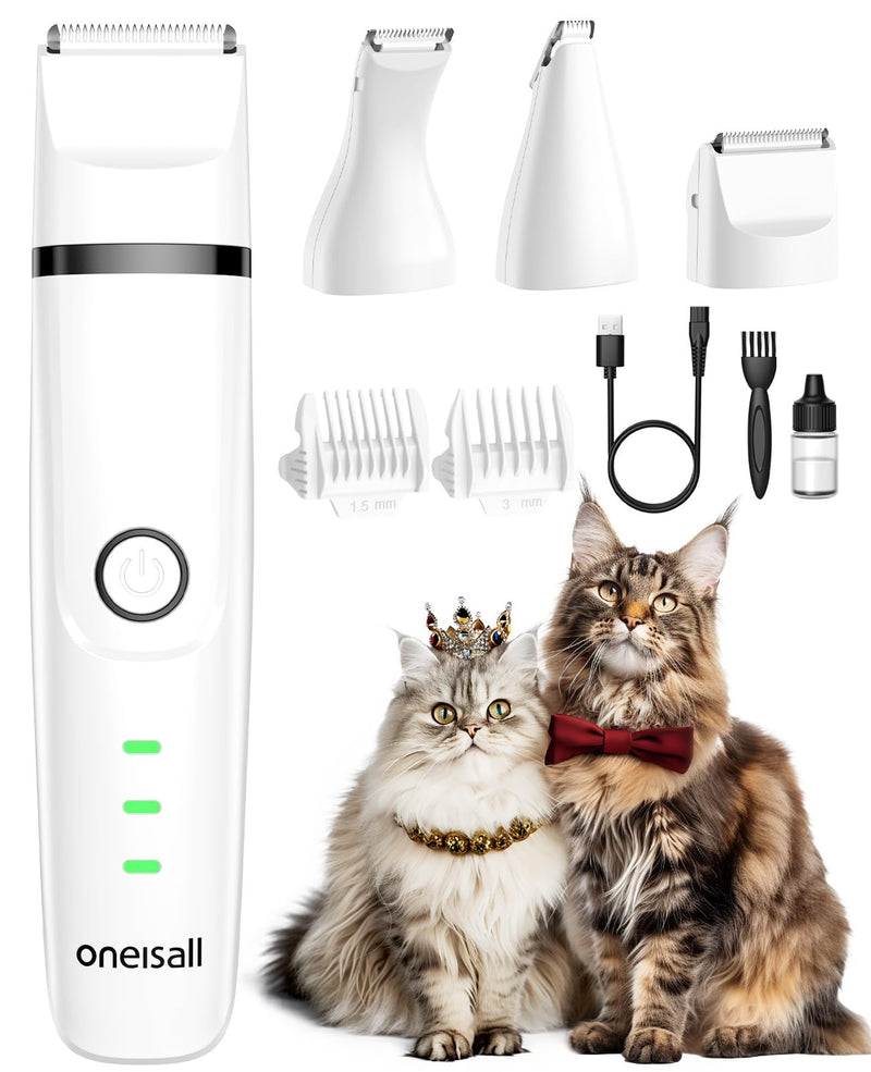 oneisall Quiet Clipper Cat Dog Set, 3 in 1 Dog Clipper Cat Razor Professional Hair Clipper for Paws, Butts, Knotted, Dingleberry (White) White - BeesActive Australia