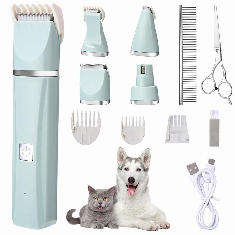 Birshe Clipper Dog Cat 4 in 1 Dog Clipper Professional Clipper Electric Pet Hair Clipper Set Dog Paw Trimmer with 4 Trimmer Heads for Dogs Cats Paws Face Body Green - BeesActive Australia