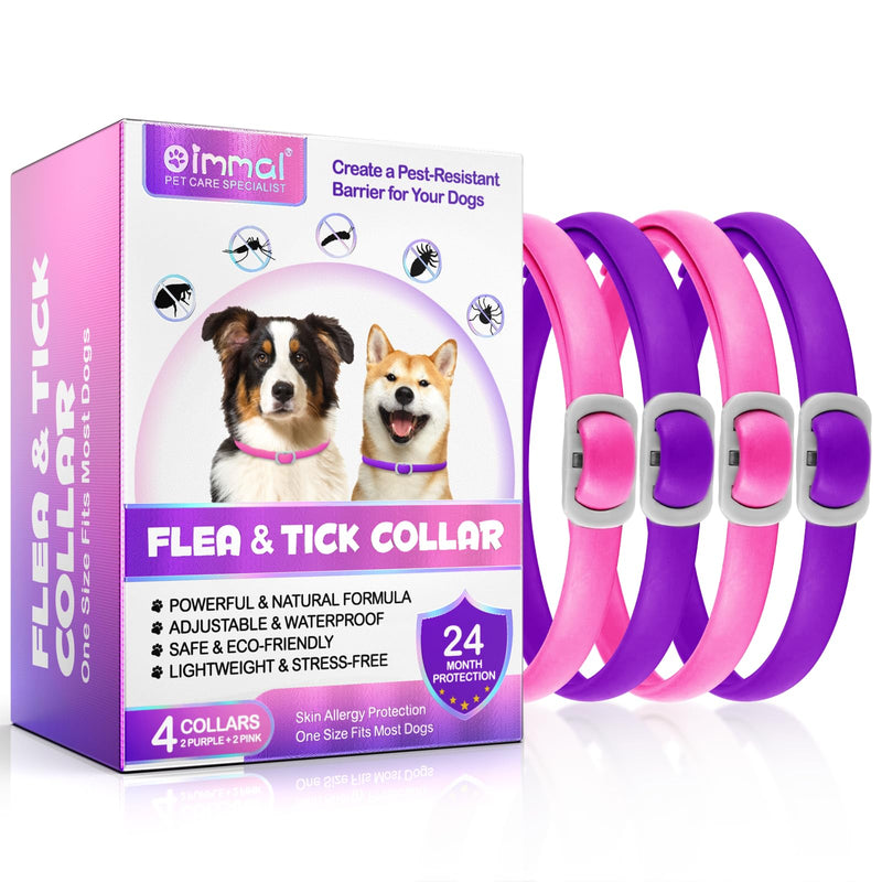 Tick Collar for Dogs Pack of 4, Flea Collar for Dogs, Adjustable and Waterproof, Safe and Natural, 60 cm Length, 24 Months Protection, for Small, Medium and Large Dogs (Pink & Purple) - BeesActive Australia