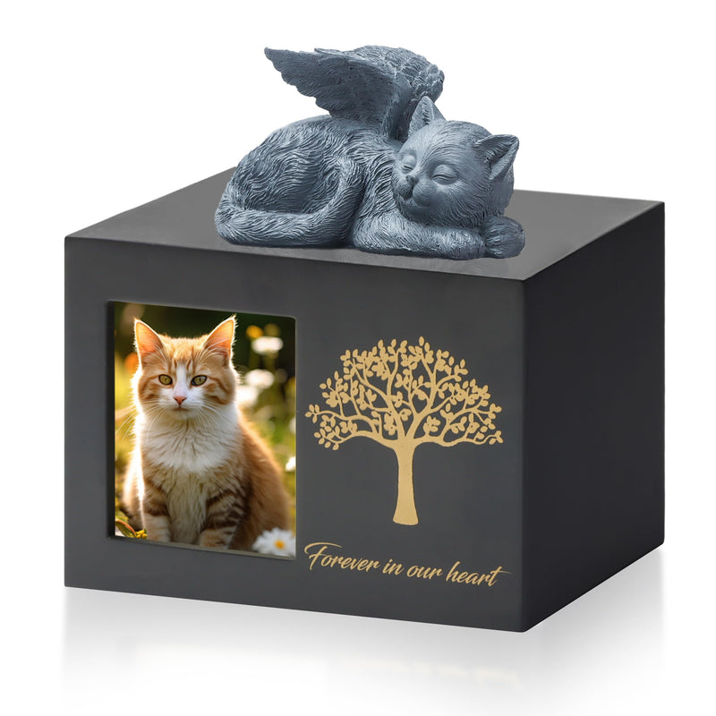 DiDiBirDi animal urns for cats, pet cremation box, cat urn for ashes, black cat urns made of wood for ashes, comes with a cat angel statue made of resin and a velvet bag for storage set 1 - BeesActive Australia