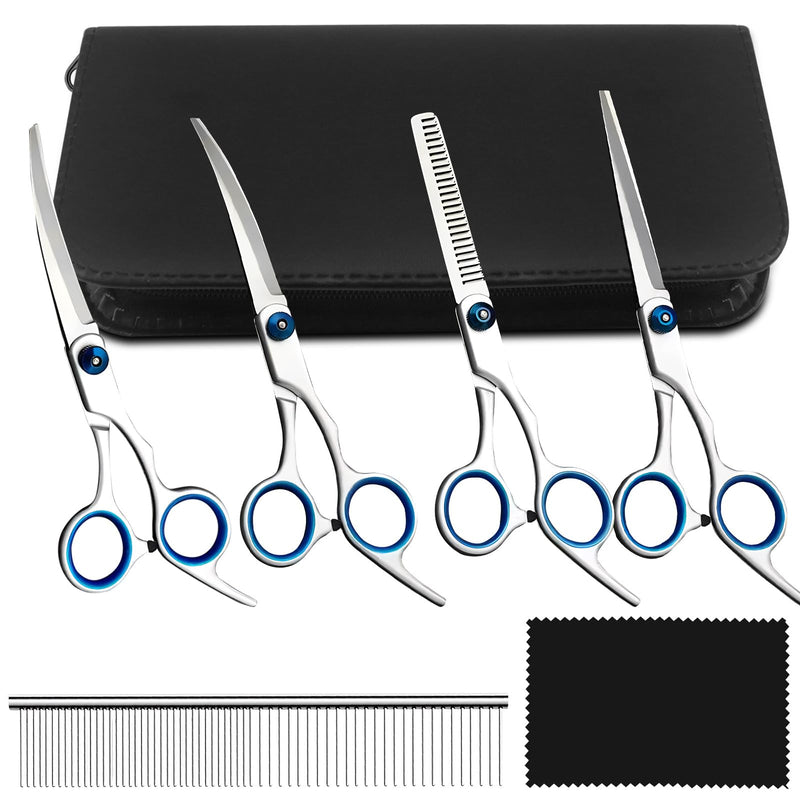 Dog Scissors Set of 5 Dog Hair Scissors with Thinning Scissors Curved Straight Scissors Grooming Comb for All Dogs Cat Cutting and Grooming A - BeesActive Australia