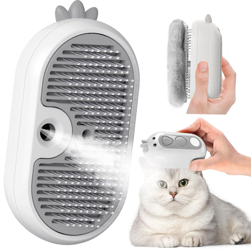 Cat brush with steam and release button, rechargeable steam brush for cats and dogs, spray pet hair brush, massage steamer comb for long hair and short hair to remove loose fur and dirt, white - BeesActive Australia