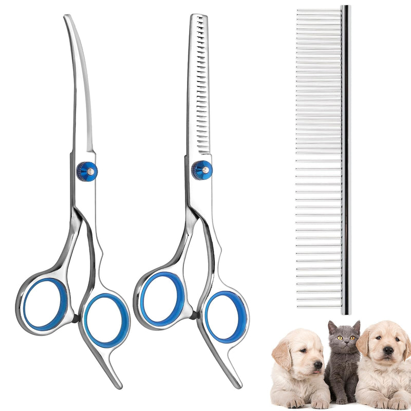 FINEASY Dog Scissors Set, Curved Dog Scissors, Grooming Scissors for Dogs and Cats, Includes Thinning Scissors, Curved Scissors, Grooming Comb, Stainless Steel Grooming Scissors for Dogs and Cats (Blue) - BeesActive Australia