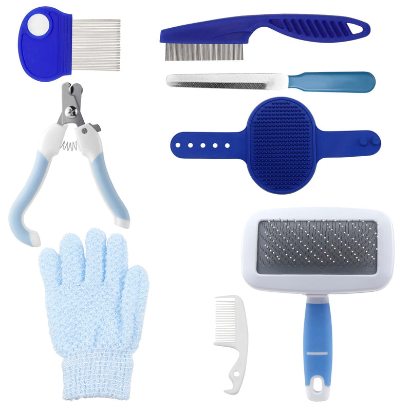 QGGTQG Rabbit Grooming Set 8 Piece Small Animal Grooming Set with Pet Trimmer, Nail Clippers, File, Pet Massage, Bath Glove, Flea Comb for Cats, Puppies, Rabbits, Hamsters (Blue) Blue - BeesActive Australia