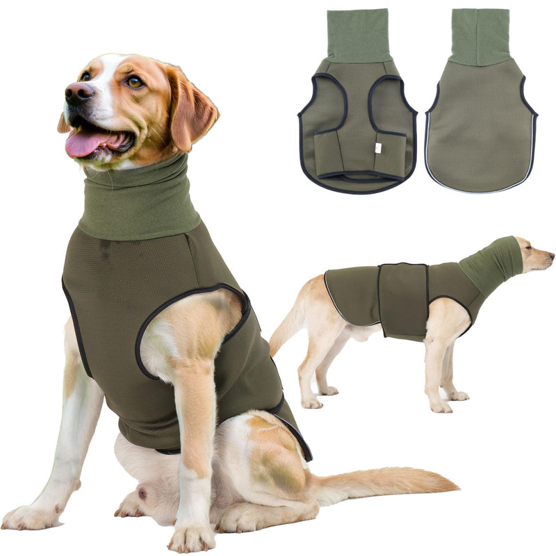 TOPSOSO Anti-Anxiety Dog Jacket with Hood Turtleneck Dog Vest Calming Coat Velcro Fastener for Easy Adjustment and Reflective Strips Dog Coat for Anxious Large Dogs (Olive L) Olive Green - BeesActive Australia