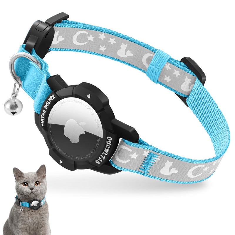 Reflective Airtag cat collar with safety clasp and bell, adjustable cat collar with Apple Airtag case (blue, cats and puppies 23-33cm) blue - BeesActive Australia