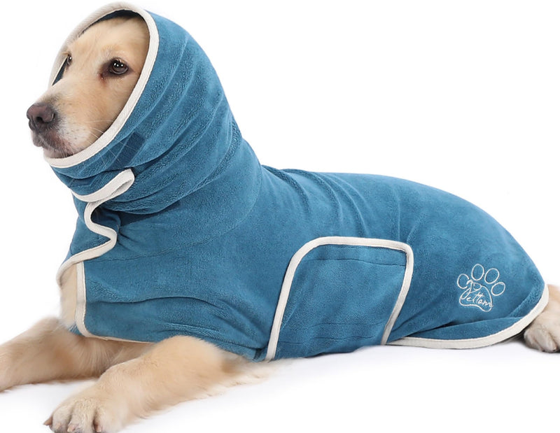 PETTOM dog bathrobe, dog bathrobe with high collar, dog bathrobe for large, medium and small dogs, dog bathrobe microfiber with Velcro fastener (blue, L) blue - BeesActive Australia
