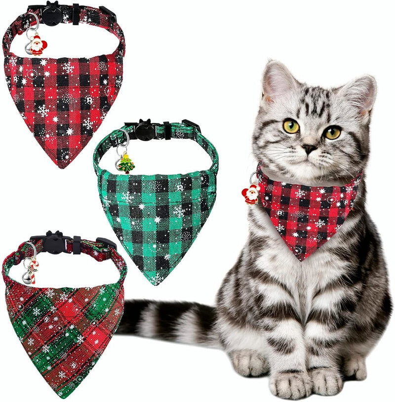 DIYDEC Pack of 3 Christmas Cat Bandanas, Adjustable Pet Christmas Bandana Dog Triangle Bib Snowflake Plaid with Bell Safety Quick Release for Xmas Costume Cats and Dogs 2 - BeesActive Australia