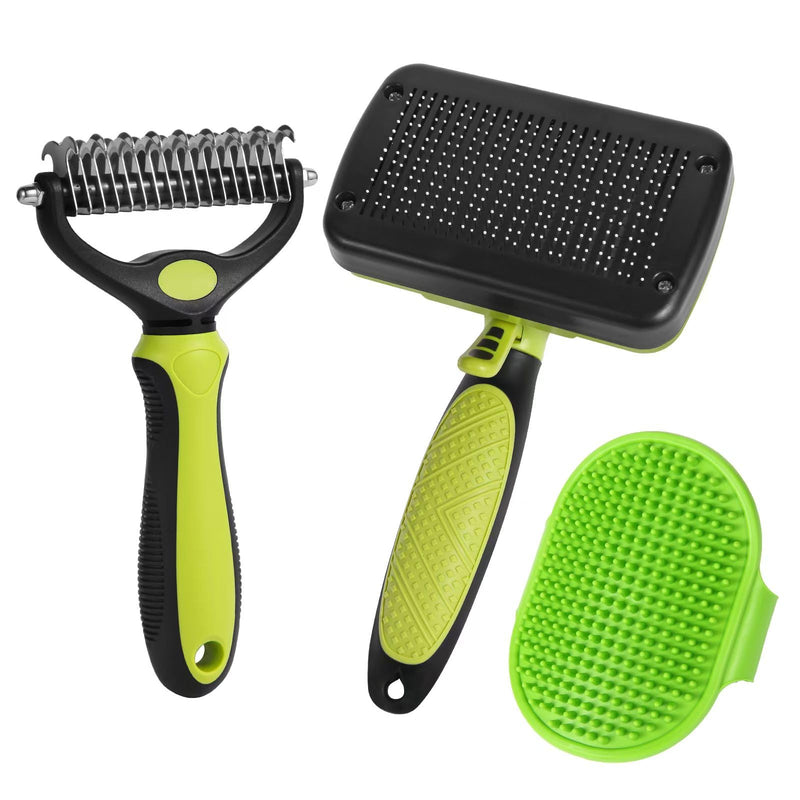 Pack of 3 pet dog brush, cat brush, dog brush, long hair, stainless steel dog brush, undercoat, undercoat brush, double-sided, short hair curry comb for dogs, fur change helper for dogs (green) Green - BeesActive Australia