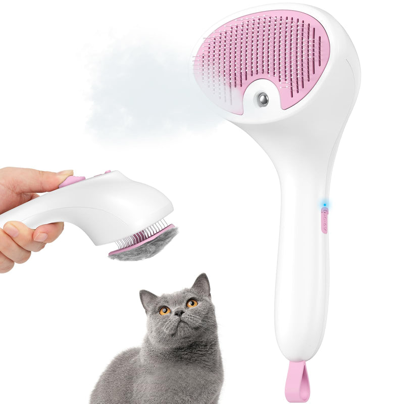 Euqvunn Cat Brush with Steam with Trigger Button, [Ultra-Quiet Design/Comfort Handle] Pet Steam Brush Cat Steamy Brush Dog Brush Rechargeable Cats with Spray for Cats, Dogs, Rabbits Pink-White - BeesActive Australia