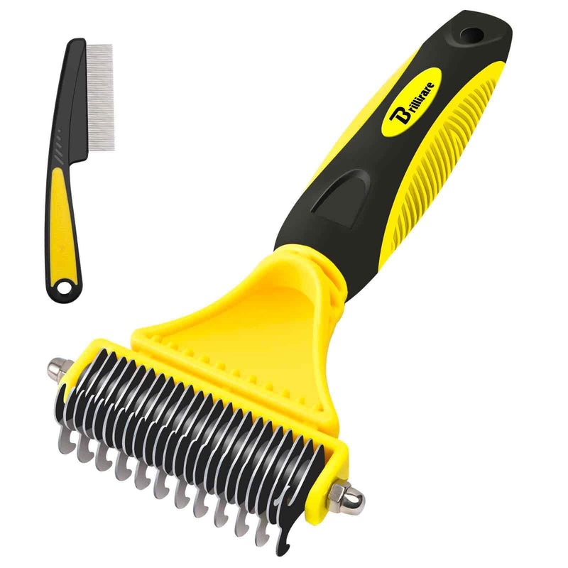 Brillirare Pack of 2 pet grooming rakes, 2-sided detangling undercoat brush, stainless steel comb, dog brush, cat brush, undercoat comb, removes tangles, massage effect & top hair protection, fur brush - BeesActive Australia