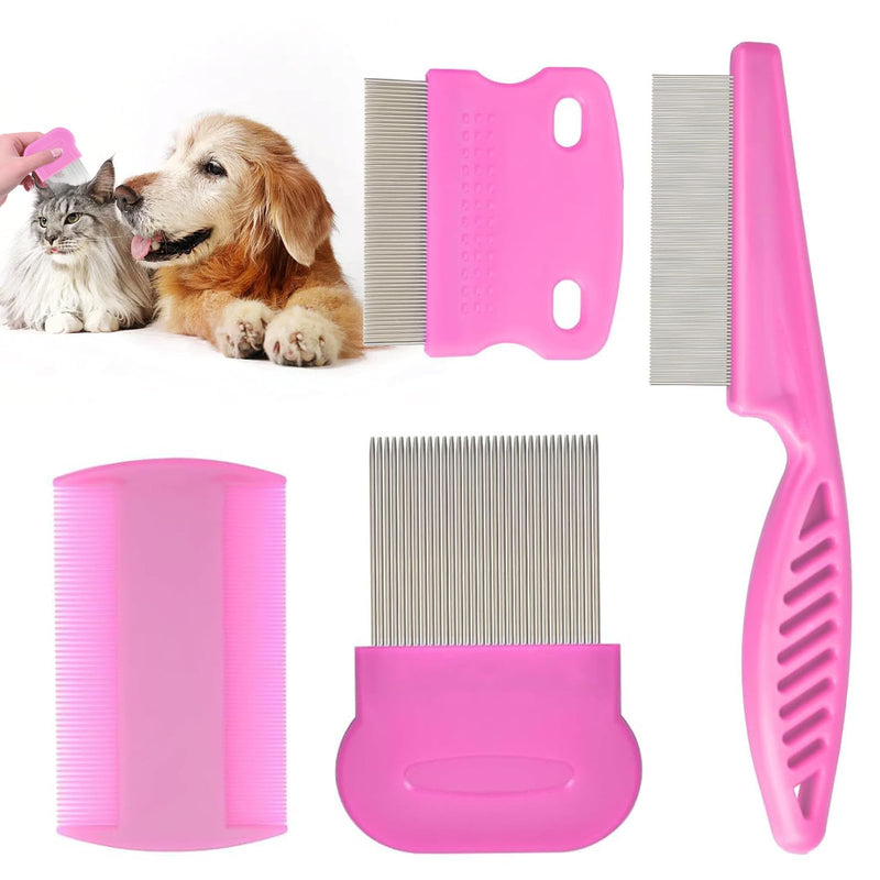 Flea comb for cats and dogs, dog comb, lice comb, nit comb, flea comb for dogs, pet comb, stainless steel lice comb, tear stain remover comb, flea comb for removing fleas (pink 4-piece set) - BeesActive Australia
